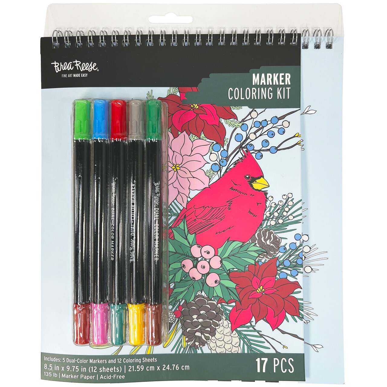 Brea Reese: Marker Coloring Kit - Cardinal - 5 Dual-Sided Markers, 12 Holiday Bird-Themed Coloring Pages, Festive Spiral-Bound Art Pad, Adult Craft